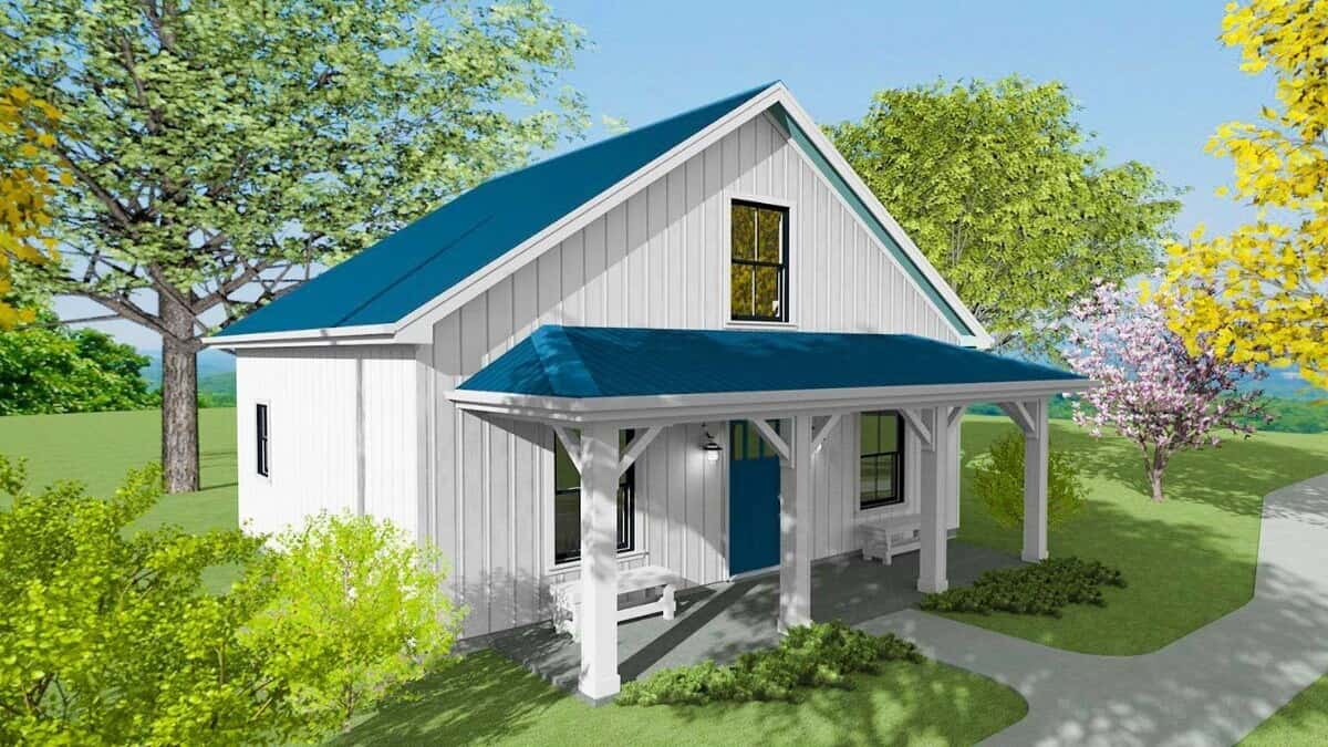 2-Bedroom Country Style Two-Story Cottage with Front Porch and Balcony Loft