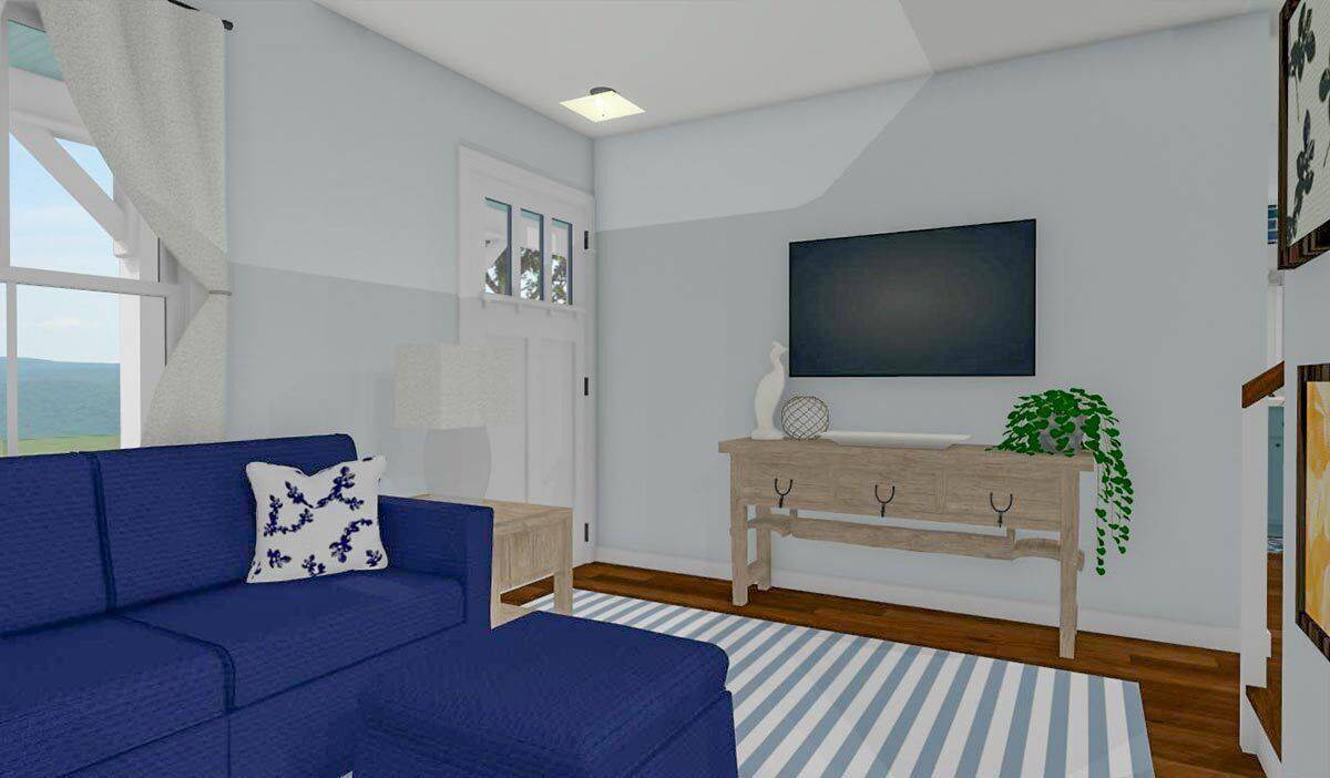 The living room includes a TV mounted above the wooden console table.