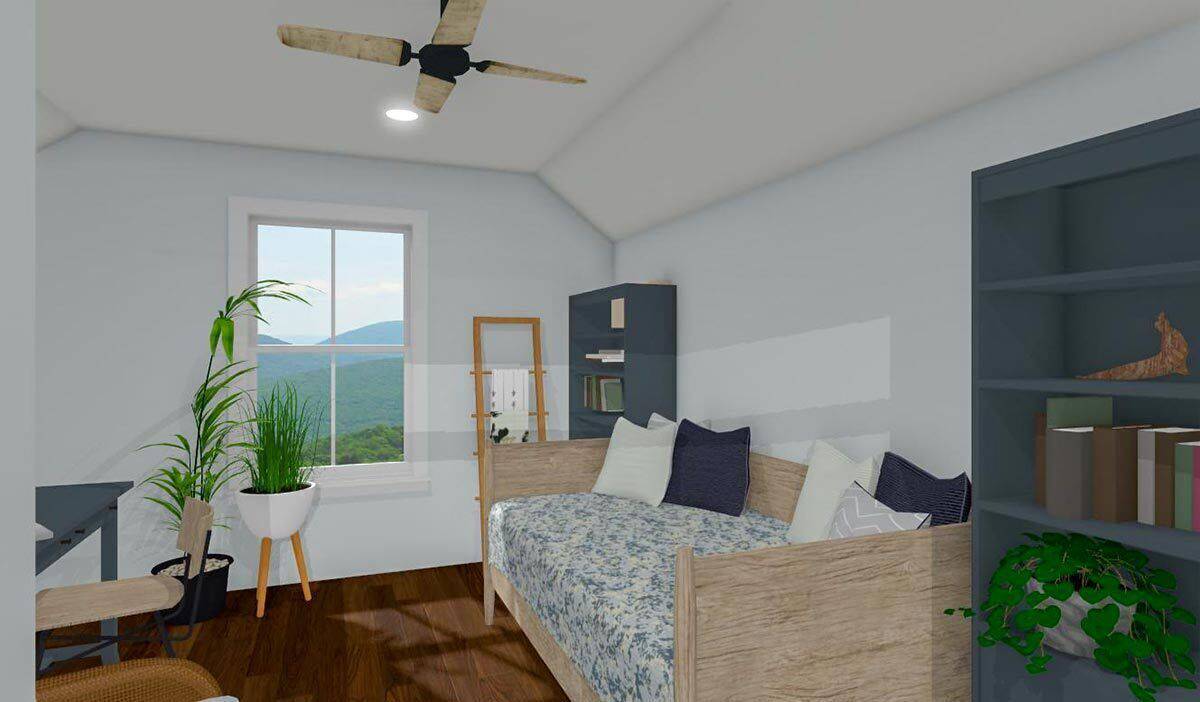 Upstairs loft with a daybed and gray bookshelves under a coved ceiling.