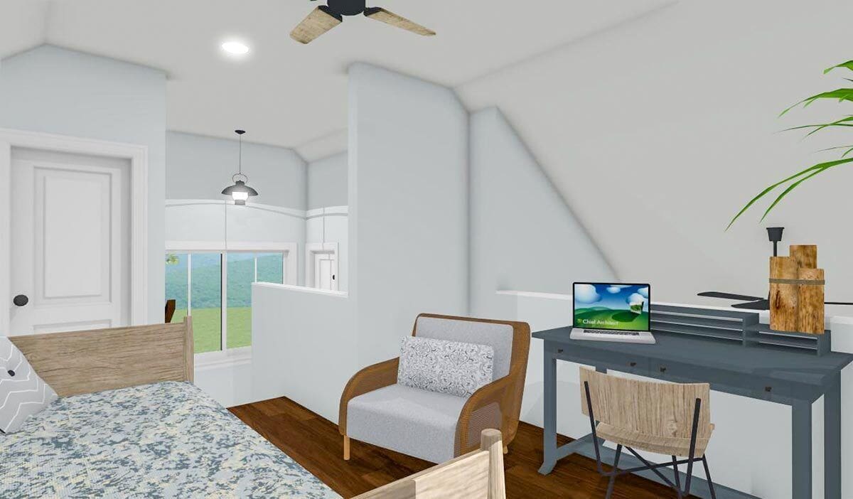 The loft includes a gray desk paired with a wooden chair.