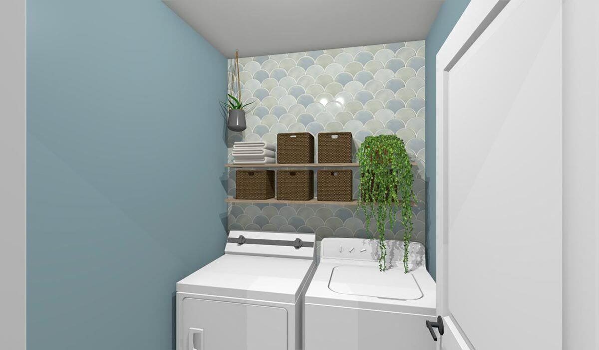 Laundry room with white appliances topped with floating shelves.