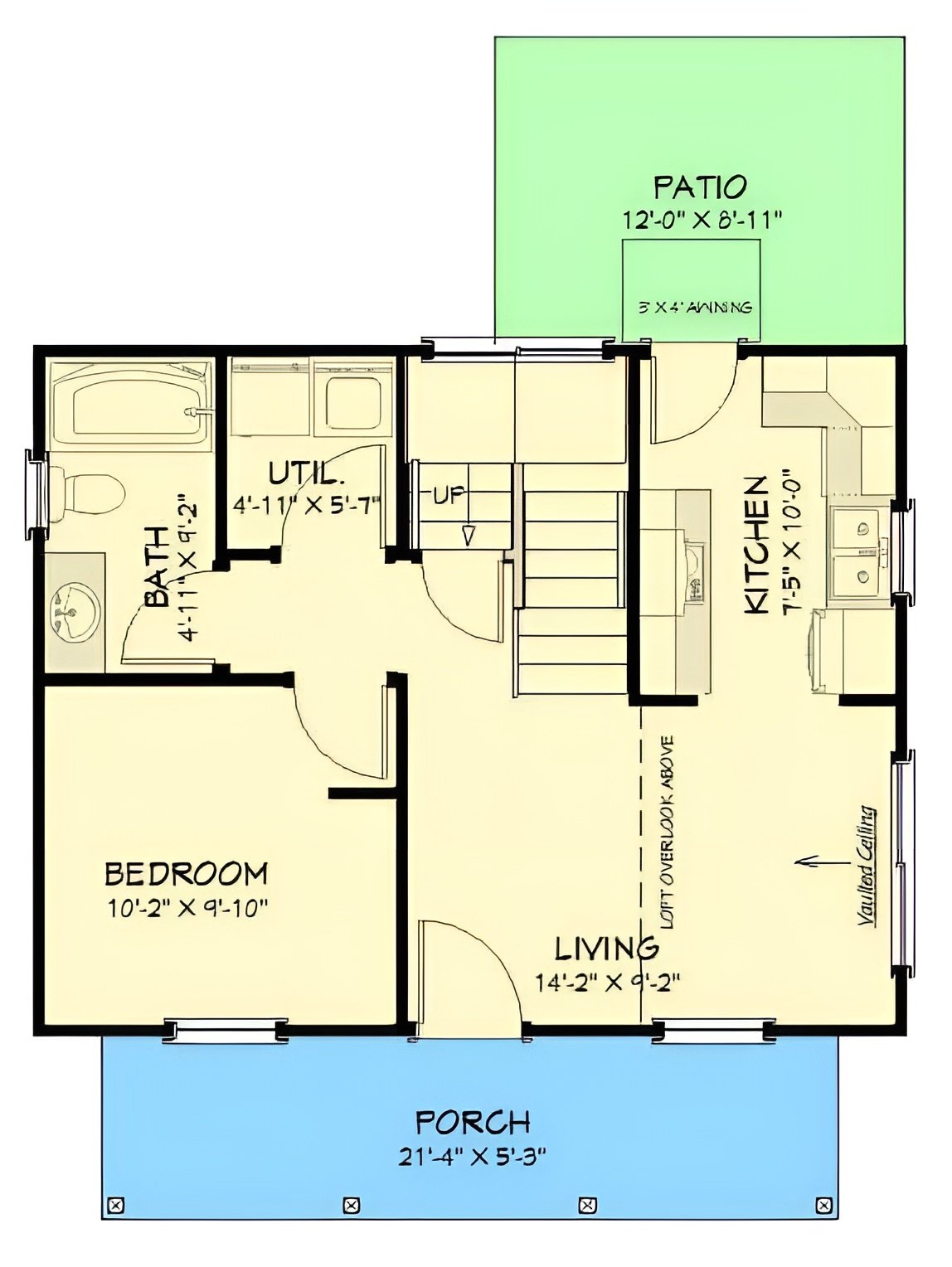 Main level floor plan of a 2-bedroom country style two-story cottage with front porch, living room, dining area, kitchen, bedroom, shared bath, utility, and an open patio.
