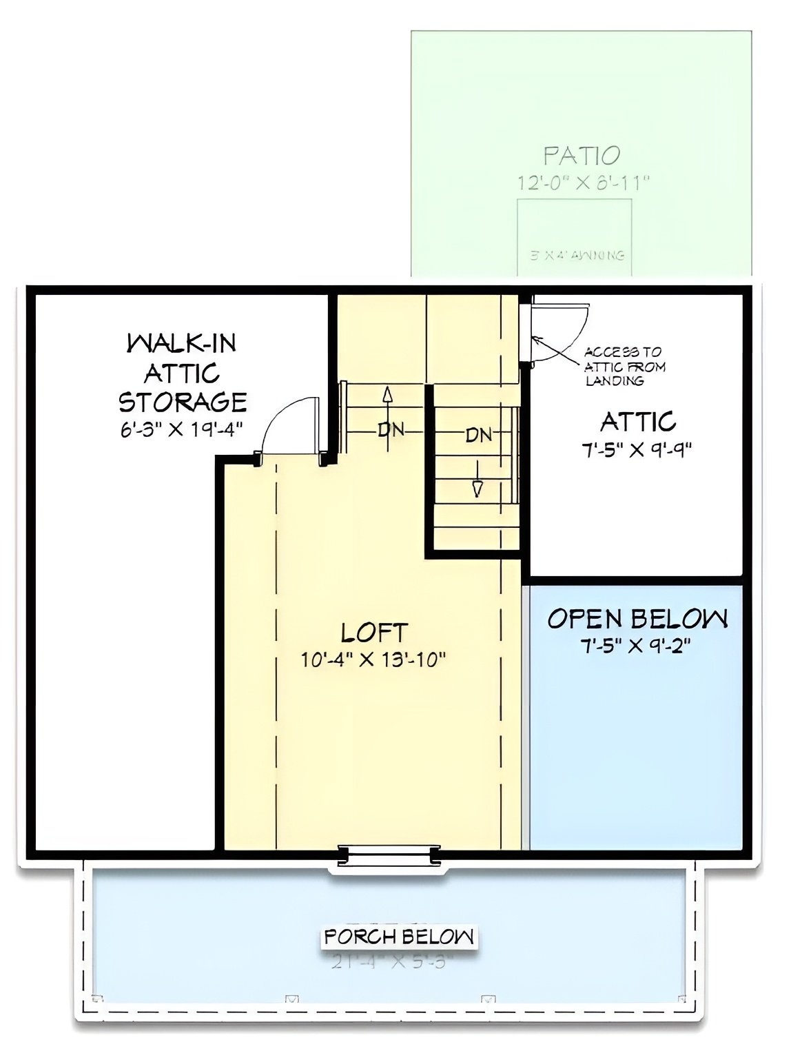 Second level floor plan with a loft and attic space.