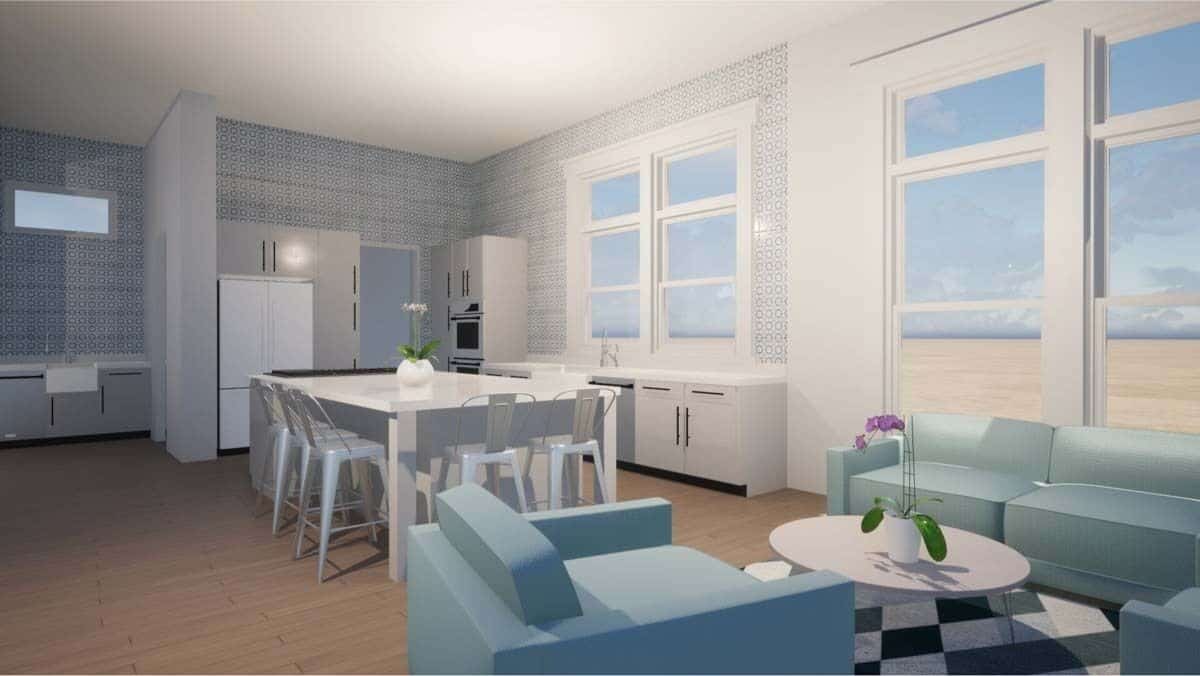 Living room and kitchen with hardwood flooring and white-framed windows.