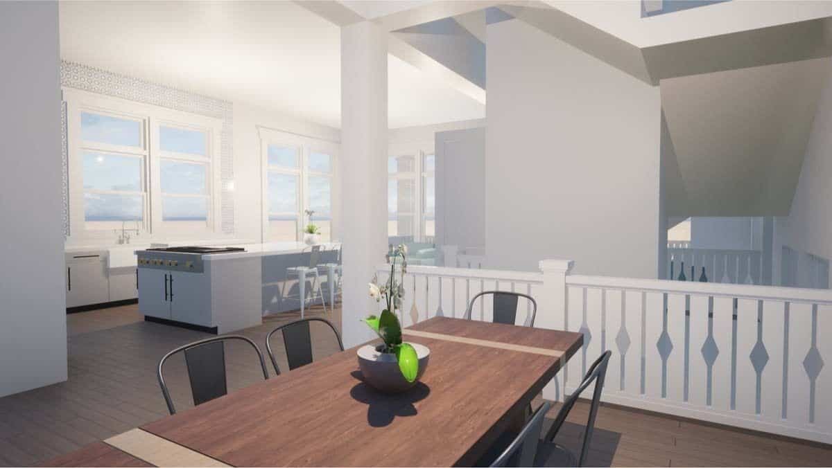 Dining area with a wooden dining set surrounded by metal chairs.