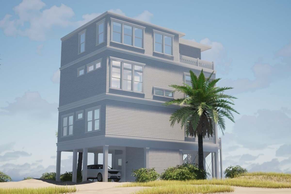 Left view of the house with plenty of windows and a ground-level parking.