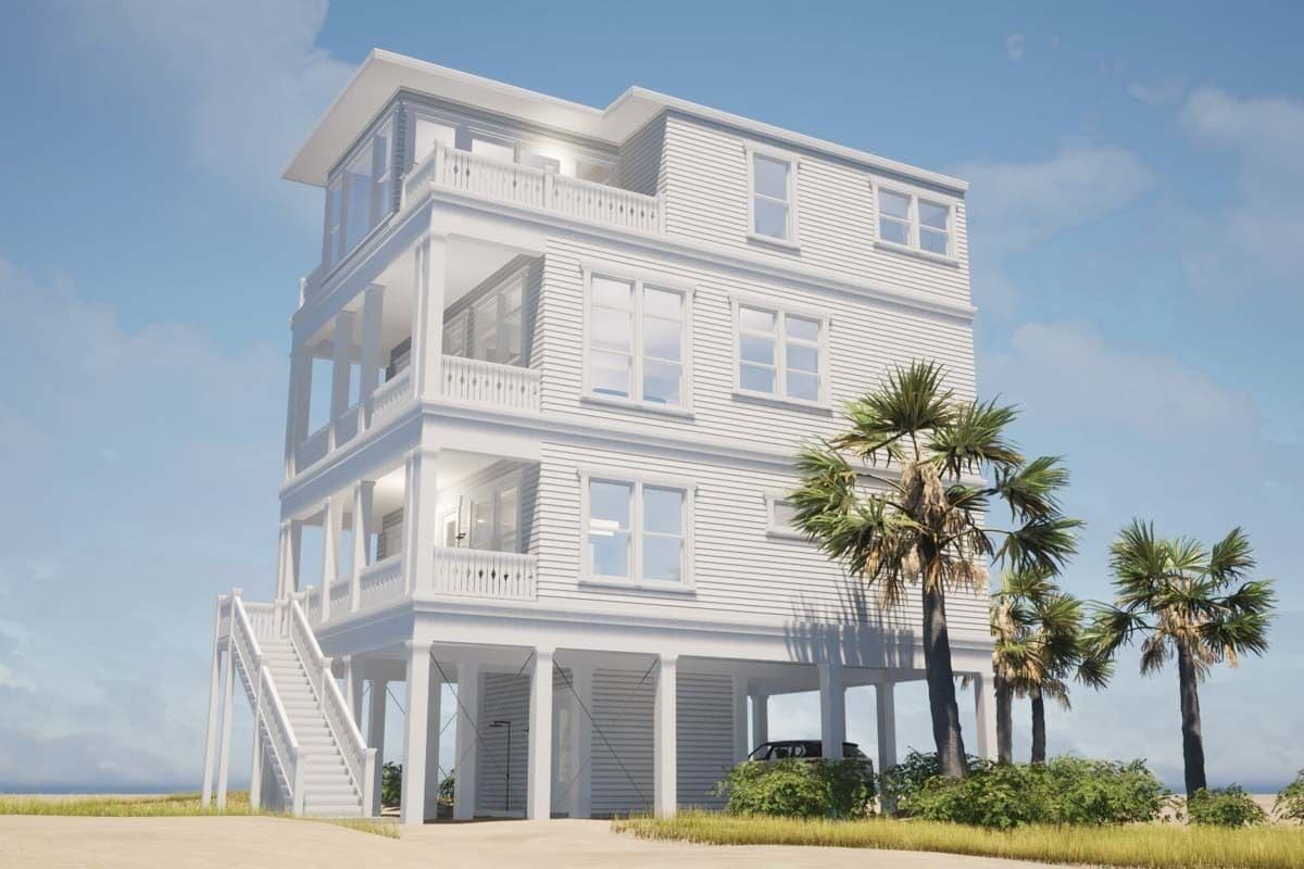 Right view with stacked porches, an open deck, and an exterior staircase.