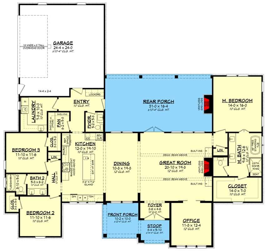 Main level floor plan of a single-story modern farmhouse with foyer, great room, kitchen, dining area, three bedrooms, office, laundry, and double side-loading garage.