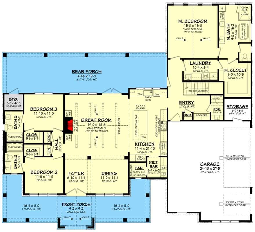 Main level floor plan of a hill country 4-bedroom two-story modern farmhouse with foyer, great room, dining room, kitchen, three bedrooms, laundry, and mudroom leading to the garage.