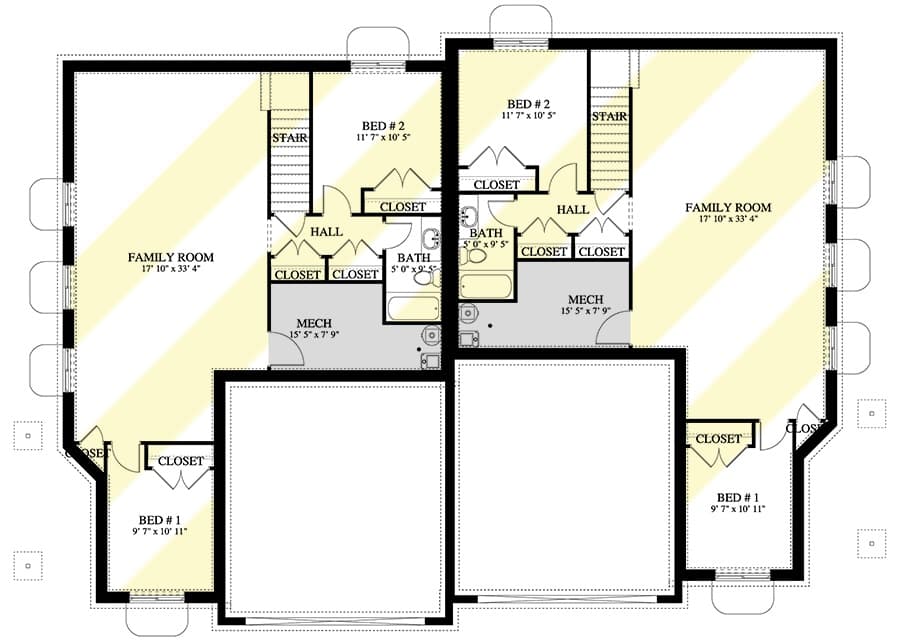 Lower level floor plan with two bedrooms, a shared bath, and a family room.