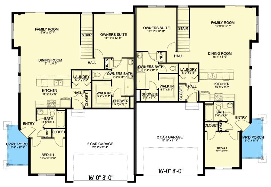 Main level floor plan of a 2-bedroom Southern style single-story duplex home with foyer, kitchen, dining room, family room, two bedrooms, and a laundry leading to the garage.