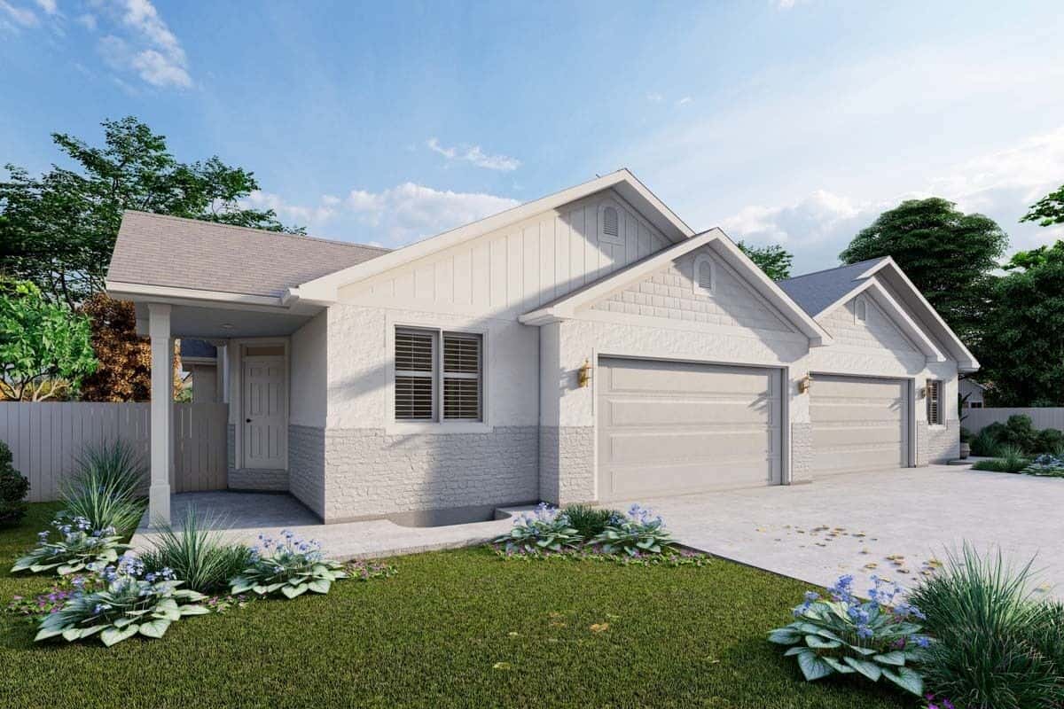 Front-left view with front-facing garage and a covered entry.