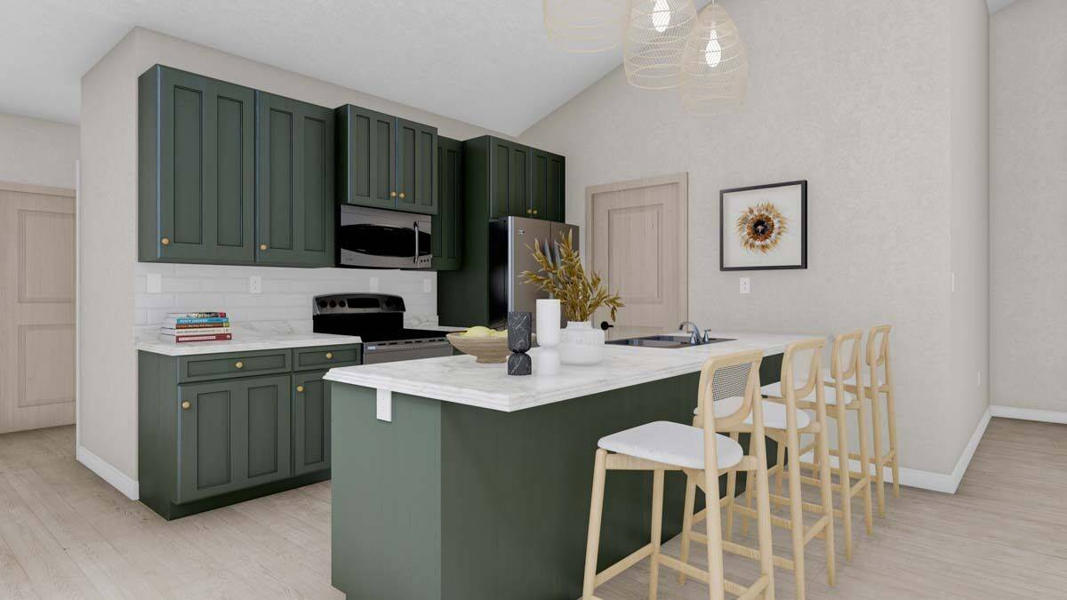 Kitchen with gray cabinets and a matching breakfast island paired with wooden counter chairs.