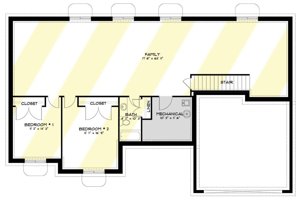 Lower level floor plan with two bedrooms, a shared bathroom, and an enormous family room.