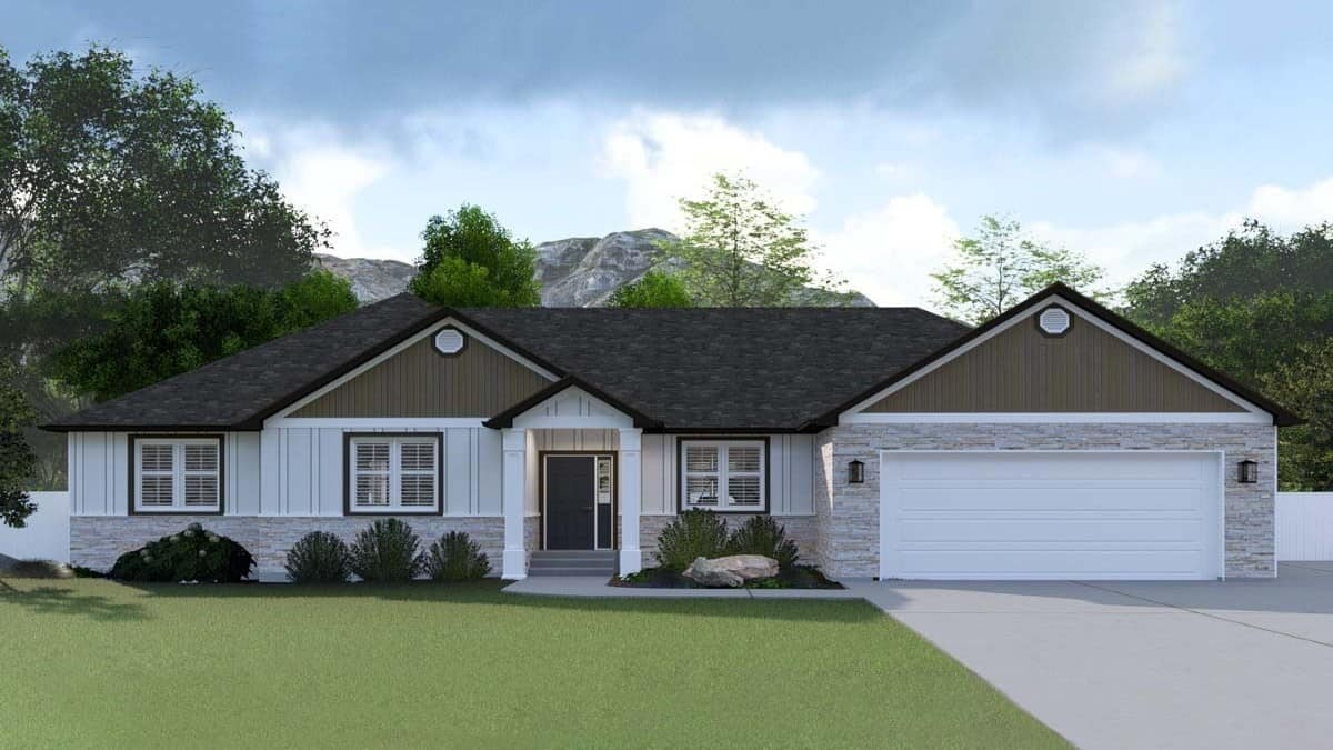 New American Style 3-Bedroom Single-Story Home with 2-Car Garage and Basement Expansion