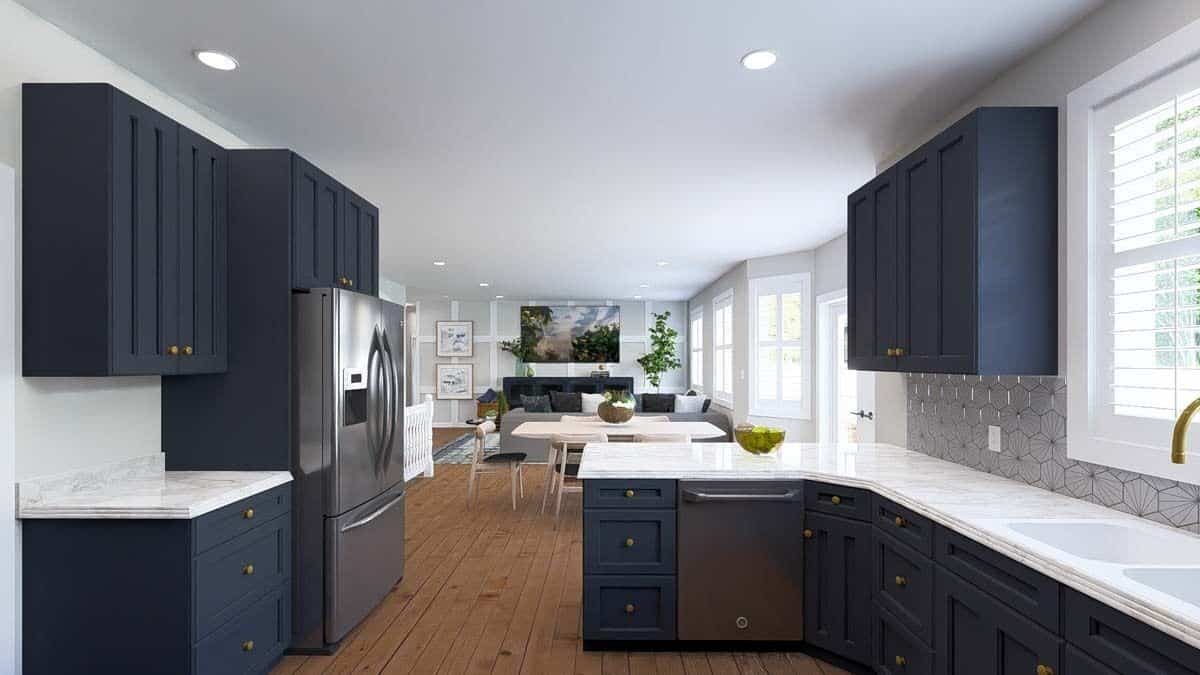 Kitchen peninsula overlooking the dining area and family room.
