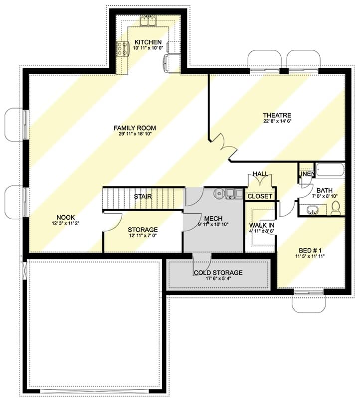 Lower level floor plan with family room, full kitchen, breakfast nook, home theater, and an extra bedroom.