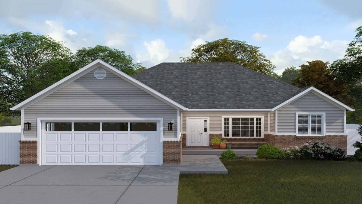 Ranch Style Single-Story 3-Bedroom Home with Front Porch and Basement Expansion (Floor Plan)