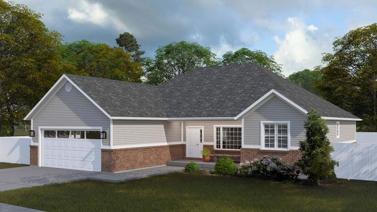 Front view of the house with front porch and double garage.