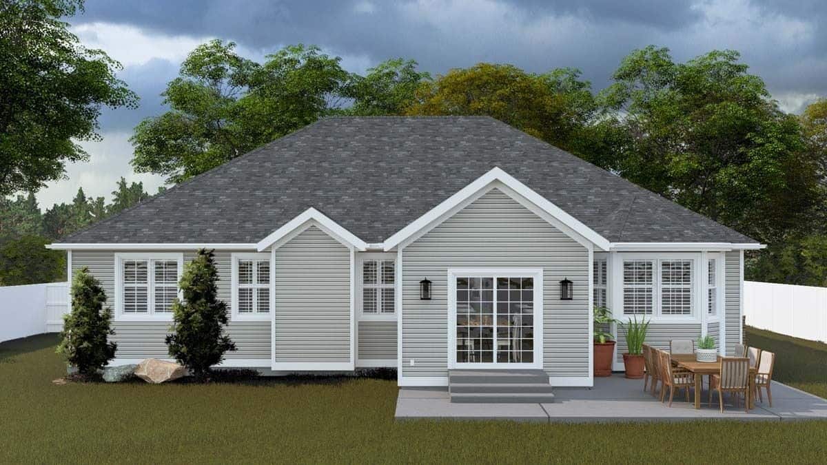 Rear view with sliding glass doors and an open patio.