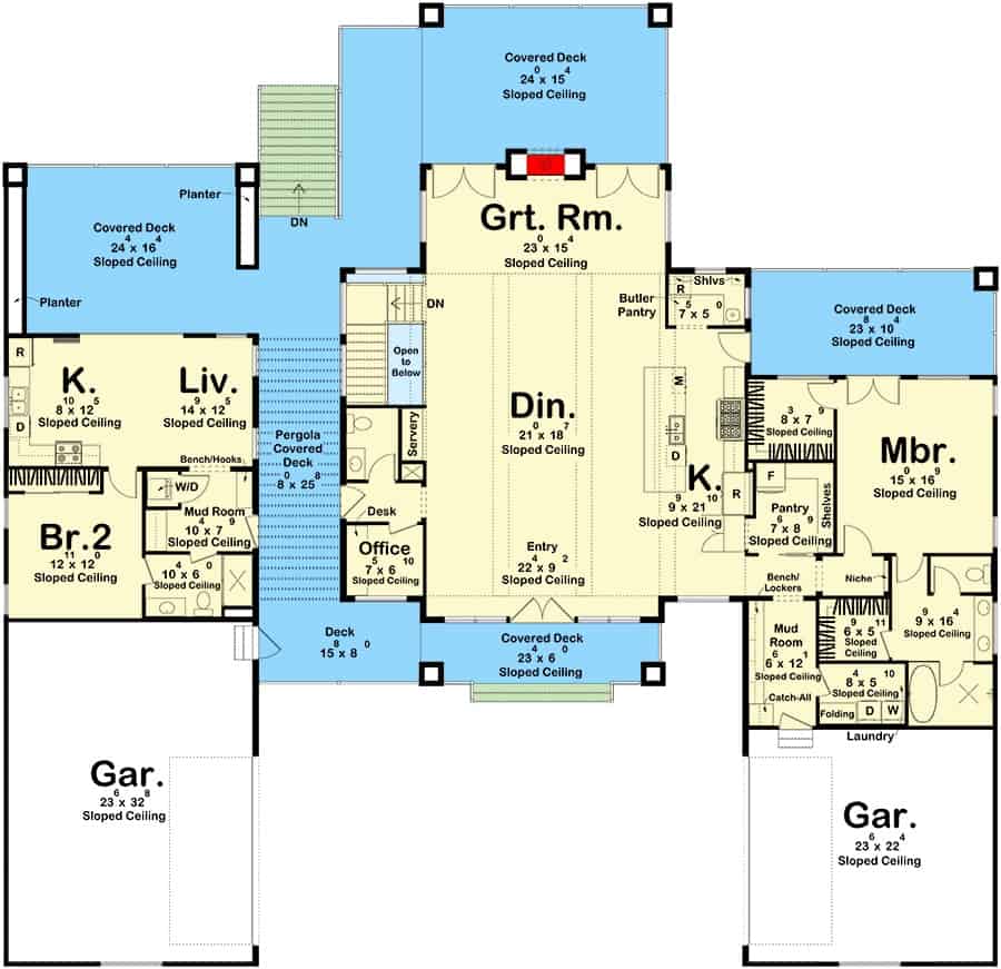 Main level floor plan of a 2-bedroom modern single-story home with foyer, dining area, great room, kitchen, home office, primary suite, mudroom leading to the garage, and an apartment suite.
