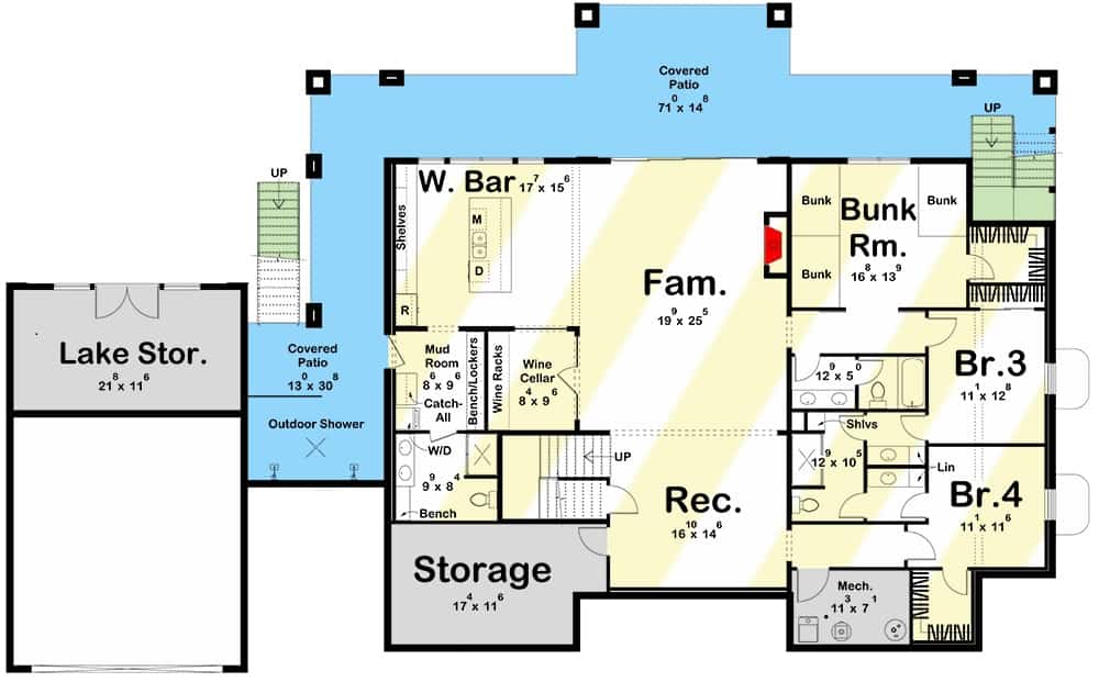 Lower level floor plan with two bedrooms, a bunk room, wine cellar, mudroom, rec room, and a family room with a wet bar.