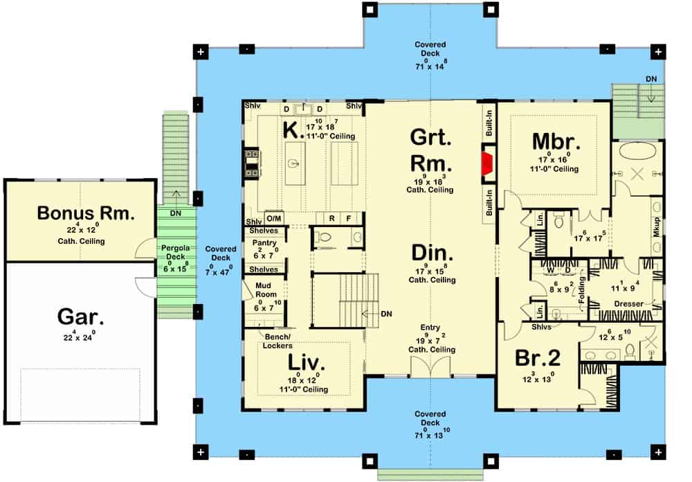 Main level floor plan of a single-story 2-bedroom mountain retreat with foyer, living room, dining room, great room, kitchen, two bedrooms, bonus room, single garage, and a wraparound deck.