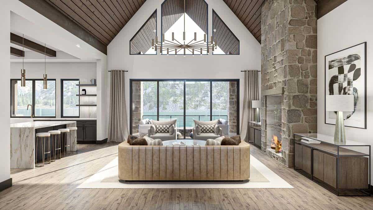 A cathedral ceiling clad in wood planks crowns the great room.