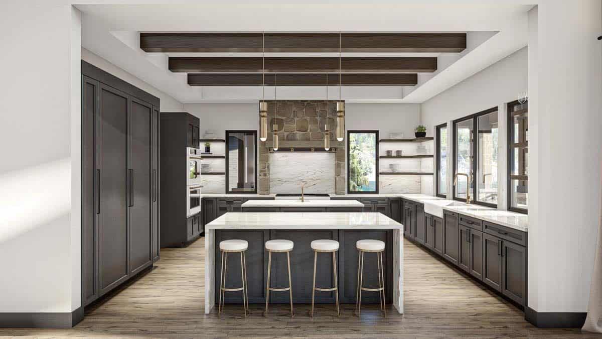 Kitchen with black cabinets, a farmhouse sink, and two islands under a beamed ceiling.