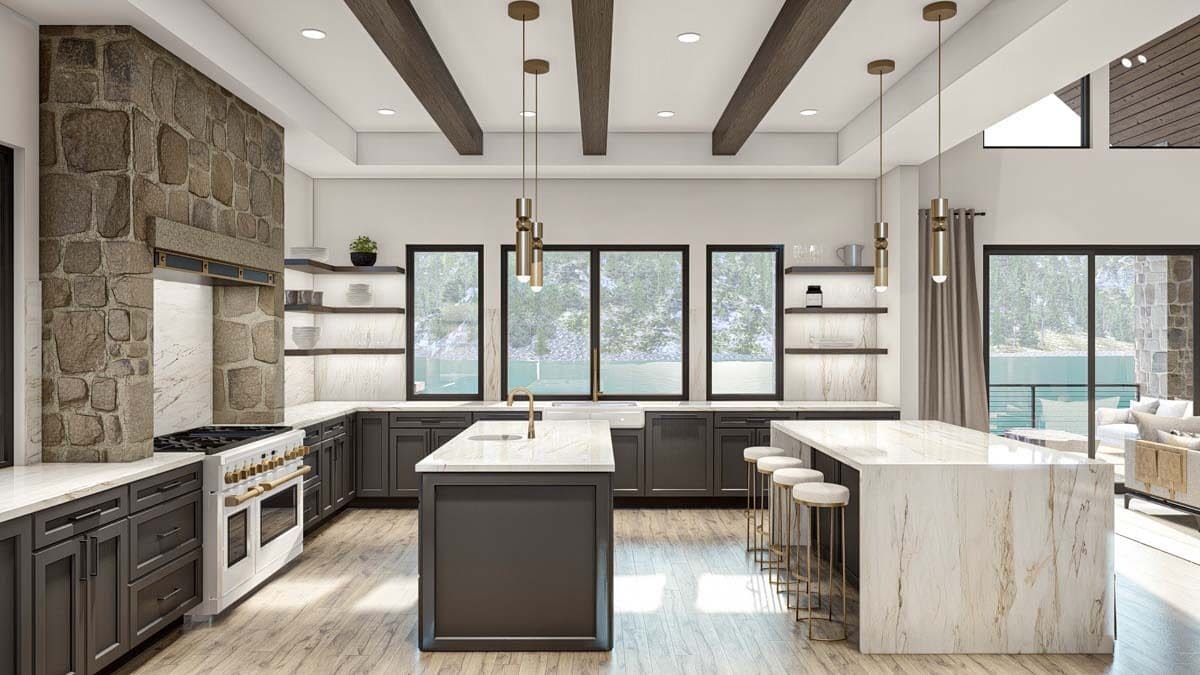 Black framed windows above the farmhouse sink fills the kitchen with natural light.