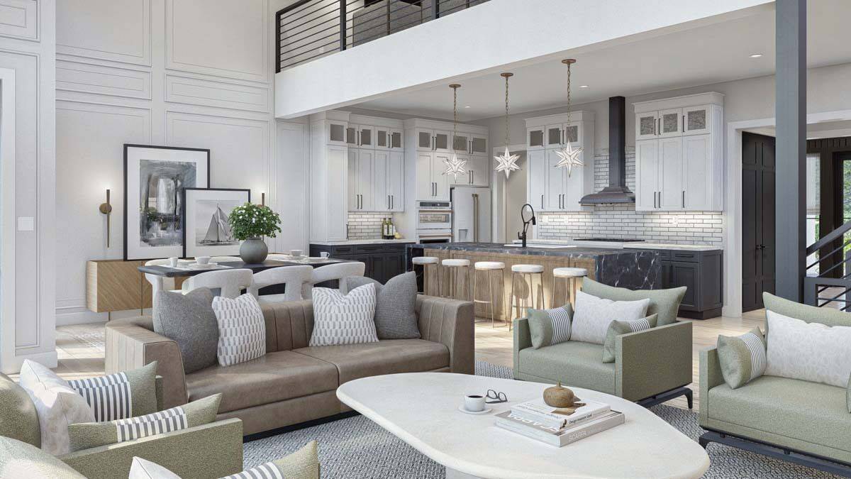 The great room includes a white coffee table sitting on a gray area rug.