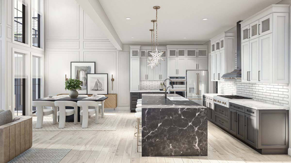 Kitchen and dining area connected by an oversized opening.