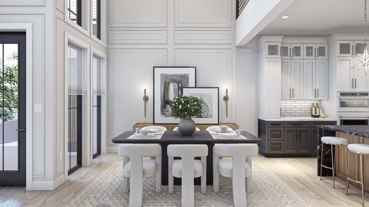 Dining area with a contemporary dining set over a patterned area rug.