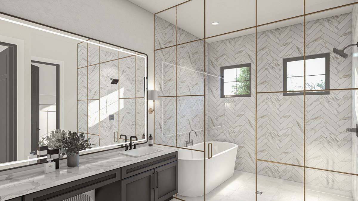 Primary bathroom with a dual sink vanity and a walk-in shower with a soaking tub.