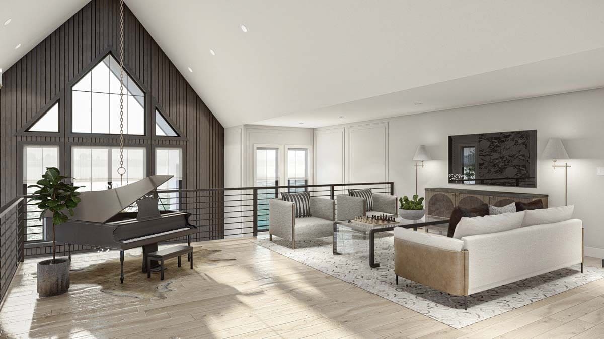 Balcony loft with modern seats, a baby grand piano, and wrought iron railings overlooking the great room.