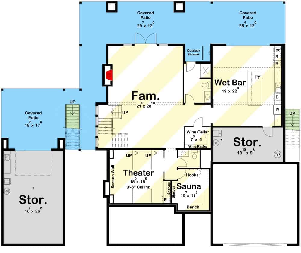 Lower level floor plan with home theater, sauna, family room, and a large wet bar.