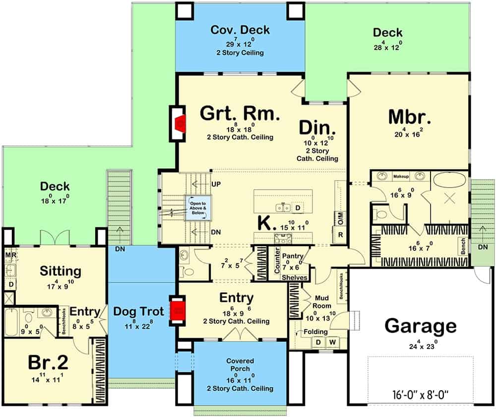 Main level floor plan of a contemporary style two-story 4-bedroom lake house with foyer, great room, dining area, kitchen, two bedrooms, mudroom leading to the garage, and plenty of outdoor space.