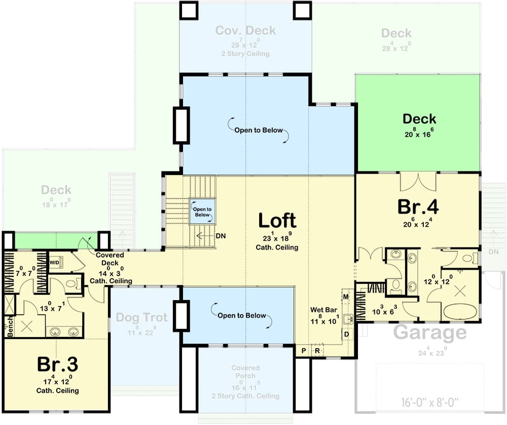 Second level floor plan with two bedrooms and a loft with a wet bar.