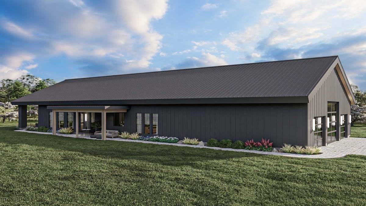 Barndominium Style 3-Bedroom Single-Story Home with Covered Patios and Oversized 3-Car Garage