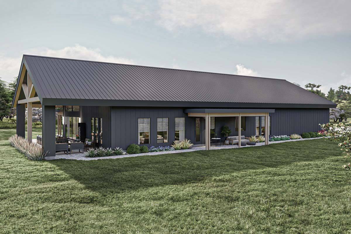 Front-left view with multiple covered patios framed with rustic timbers.