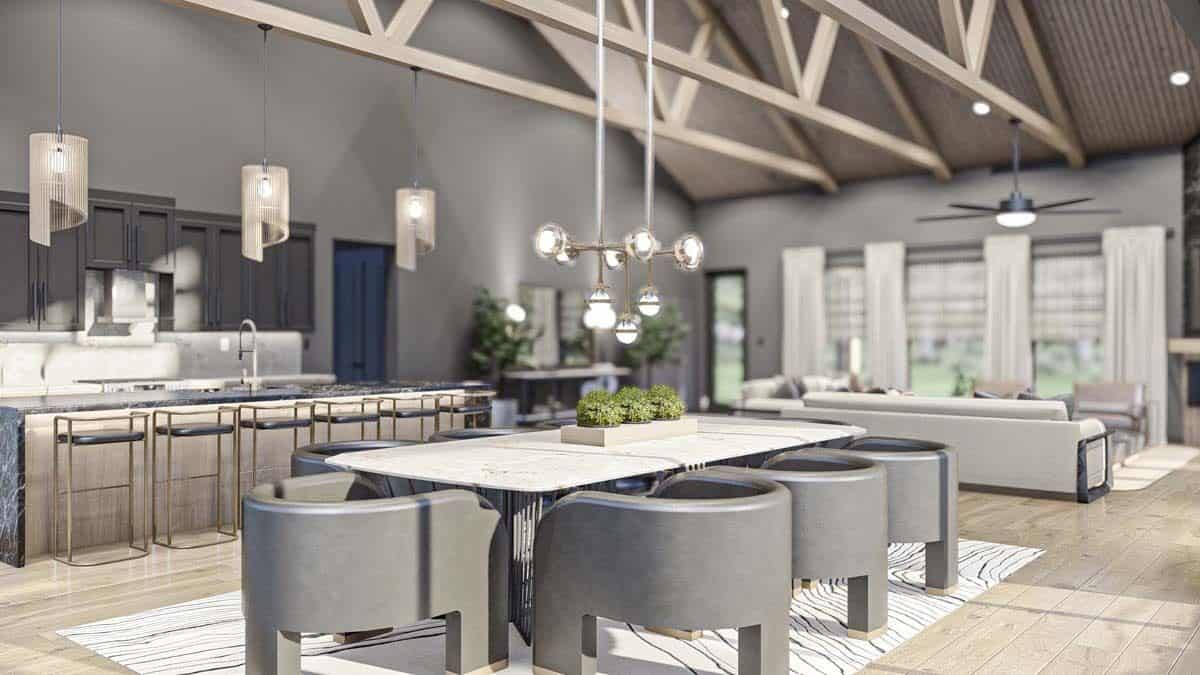 View of the kitchen and great room from the dining area.