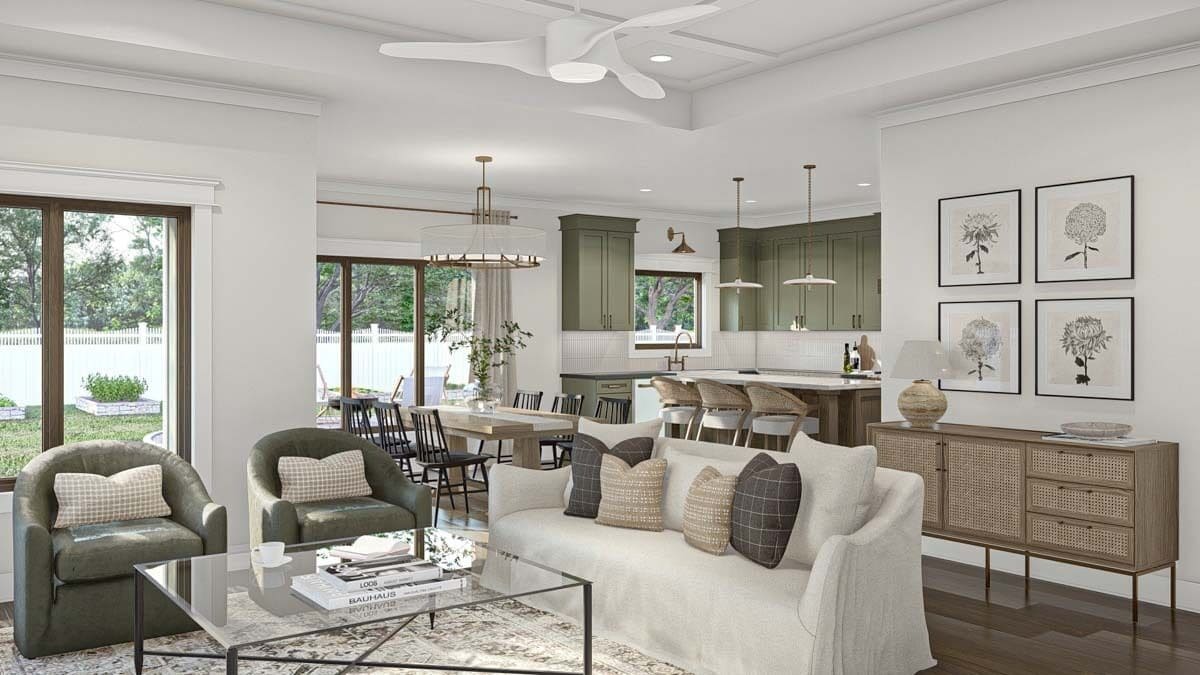 An open layout view of the great room, dining area, and kitchen.