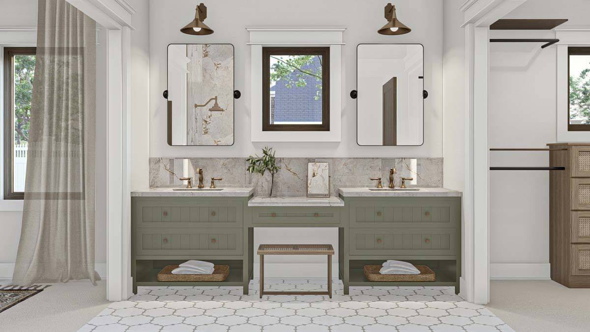 Primary vanity with two sinks and a makeup counter in the middle.