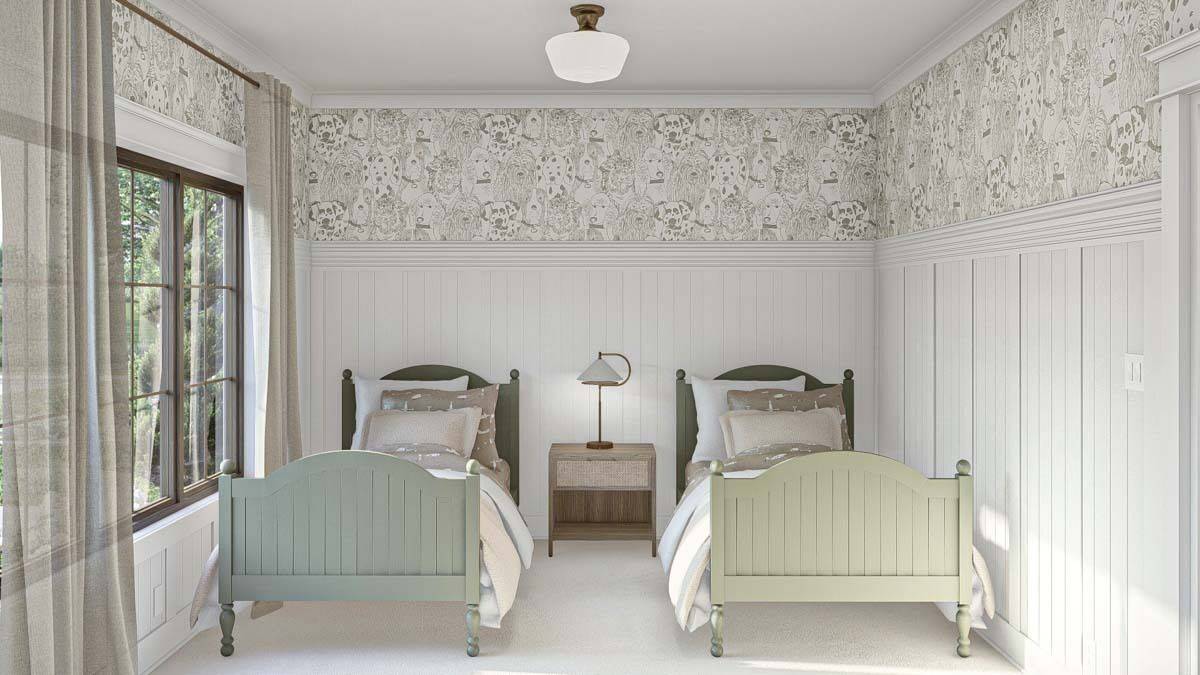 Bedroom with two beds, beadboard walls, and floral wallpaper accents.