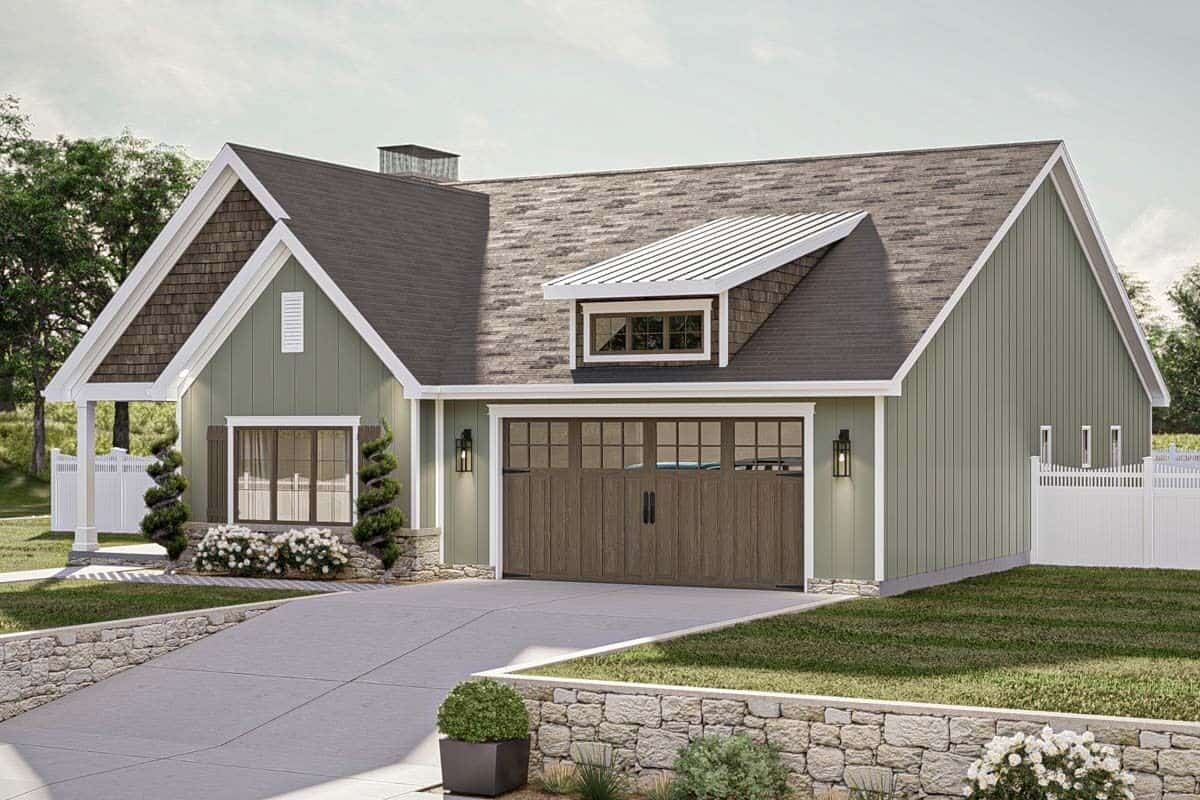 Front-right view showcasing the double garage with a shed dormer on top.