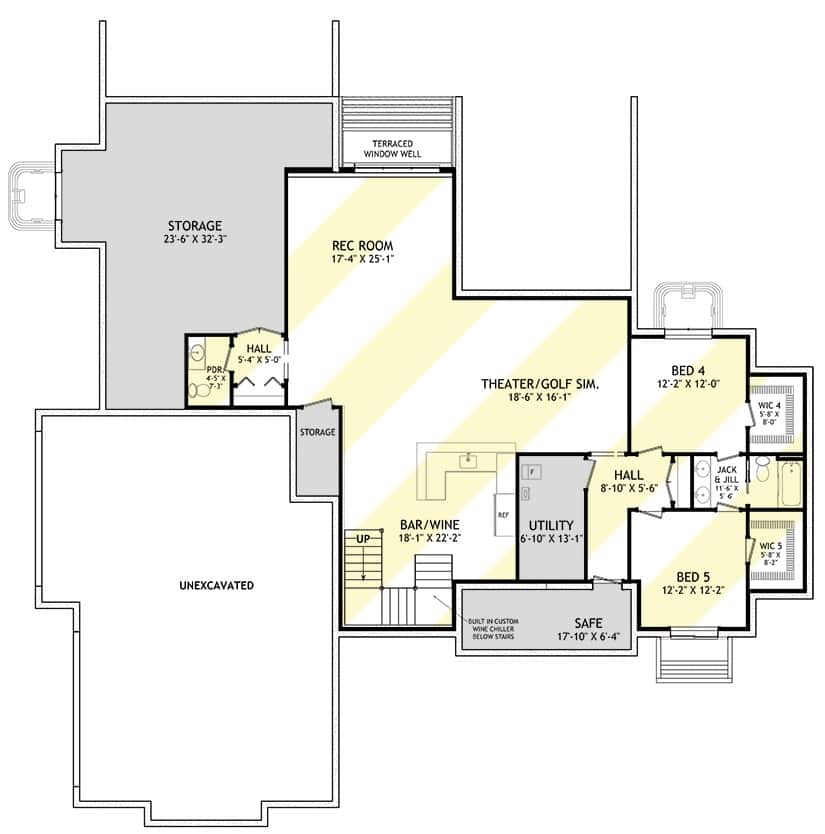 Lower level floor plan with two bedrooms, a rec room, and a theater with wet bar.