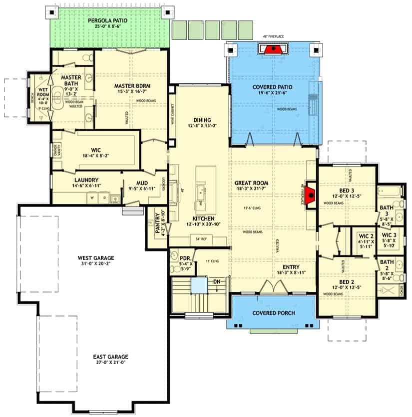 Main level floor plan of a single-story transitional 5-bedroom farmhouse with foyer, great room, kitchen, dining area, three bedrooms, laundry, and mudroom leading to the garage.