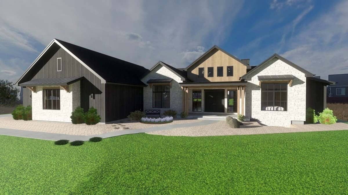 Expandable Single-Story Transitional 5-Bedroom Farmhouse with Covered Patio and 4-Car Garage