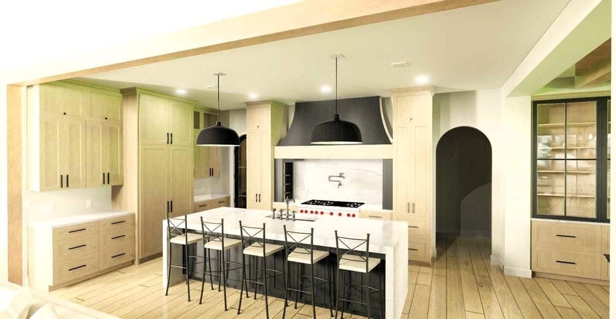 Kitchen with light wood cabinetry and a waterfall island lined with five bar stools.