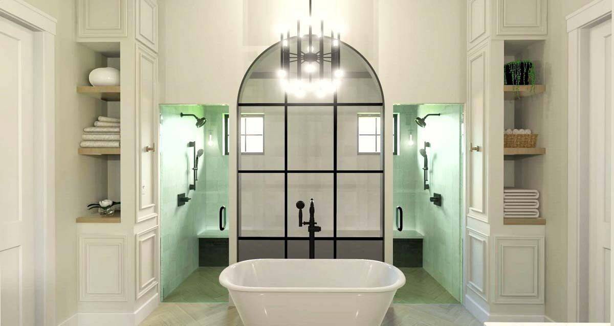 Built-in shelves flank the walk-through shower.